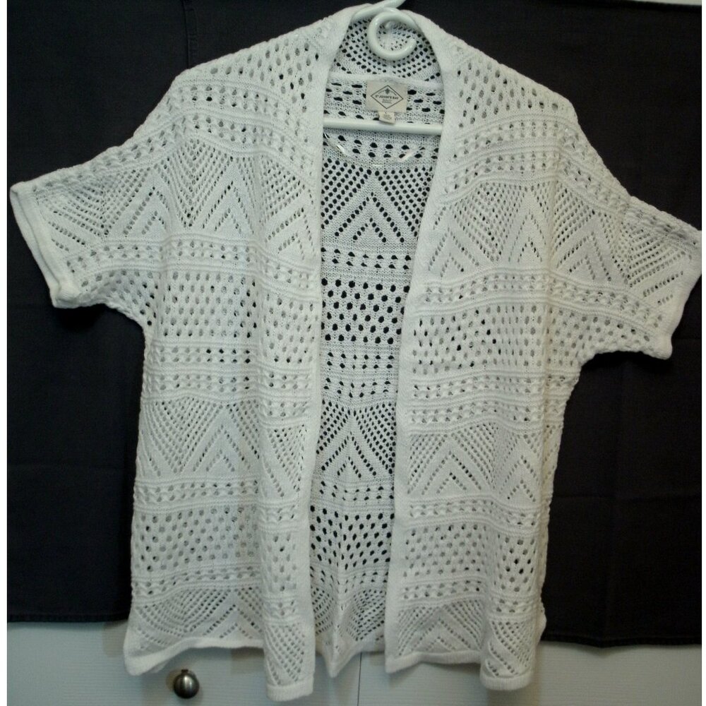 St John's Bay White Open Front Cardigan, Crochet Style, Short Sleeve, Large
